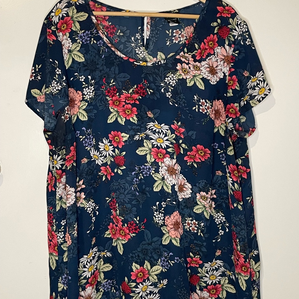 Torrid Navy Floral Blouse with Pink and White Accents